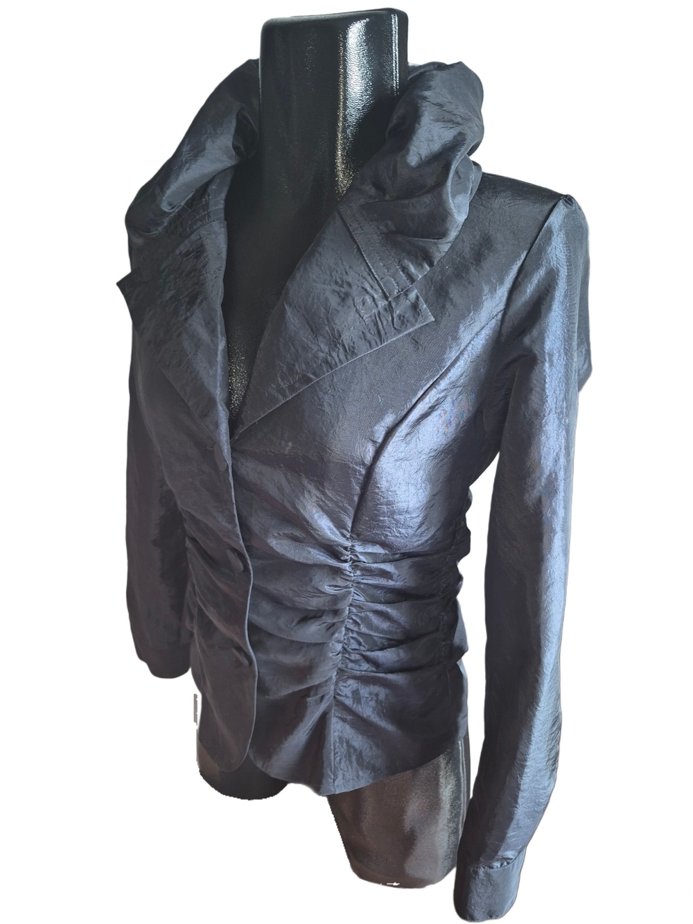 Black Women's Ruched Puffed Collar Button-Front Light Blazer Jacket Size 6 - Picture 4 of 7